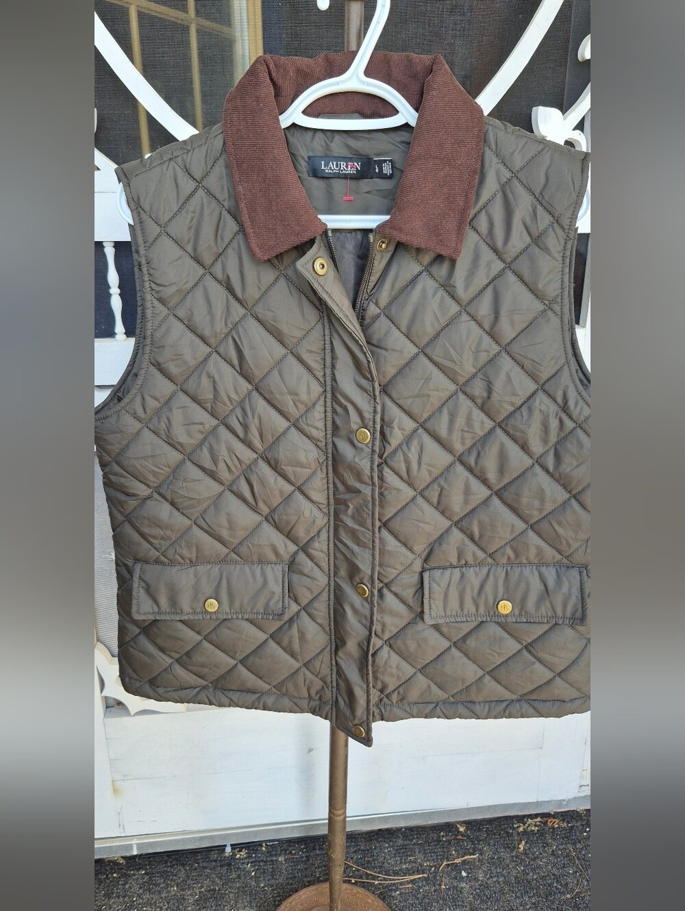 Lauren Ralph Lauren Quilted Olive/ Brown Vest with Contrast Collar Sz L